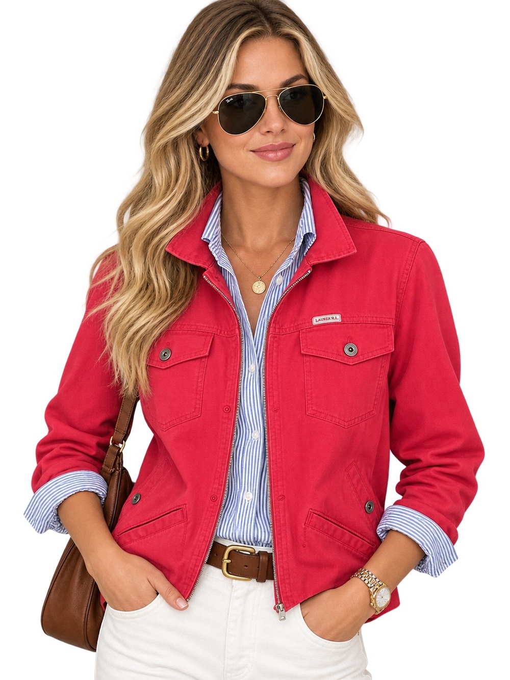 Ralph Lauren Women's Red Cotton Zip-Front Jean Minimalist Jacket size Medium